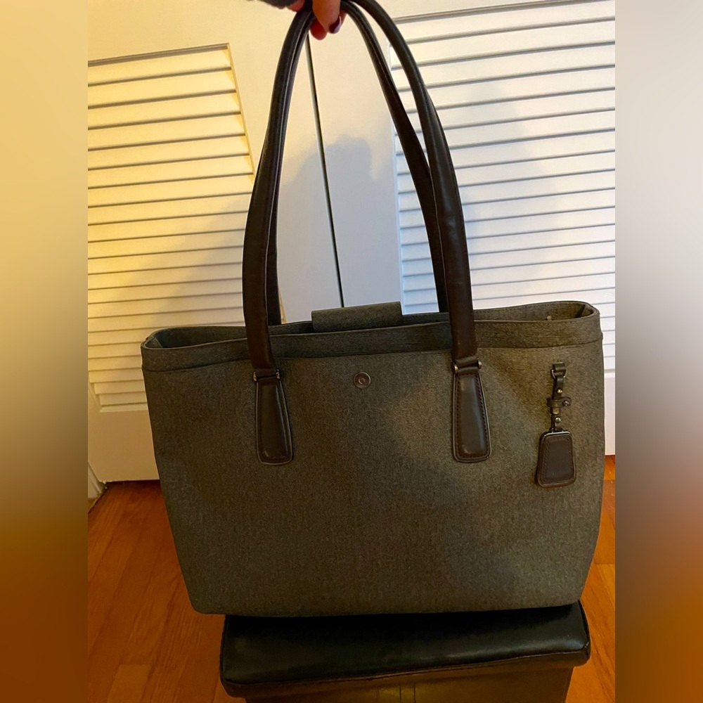 Tumi Tote, Gray Leather, Gunmetal Hardware, Laptop Sleeve, Light Use